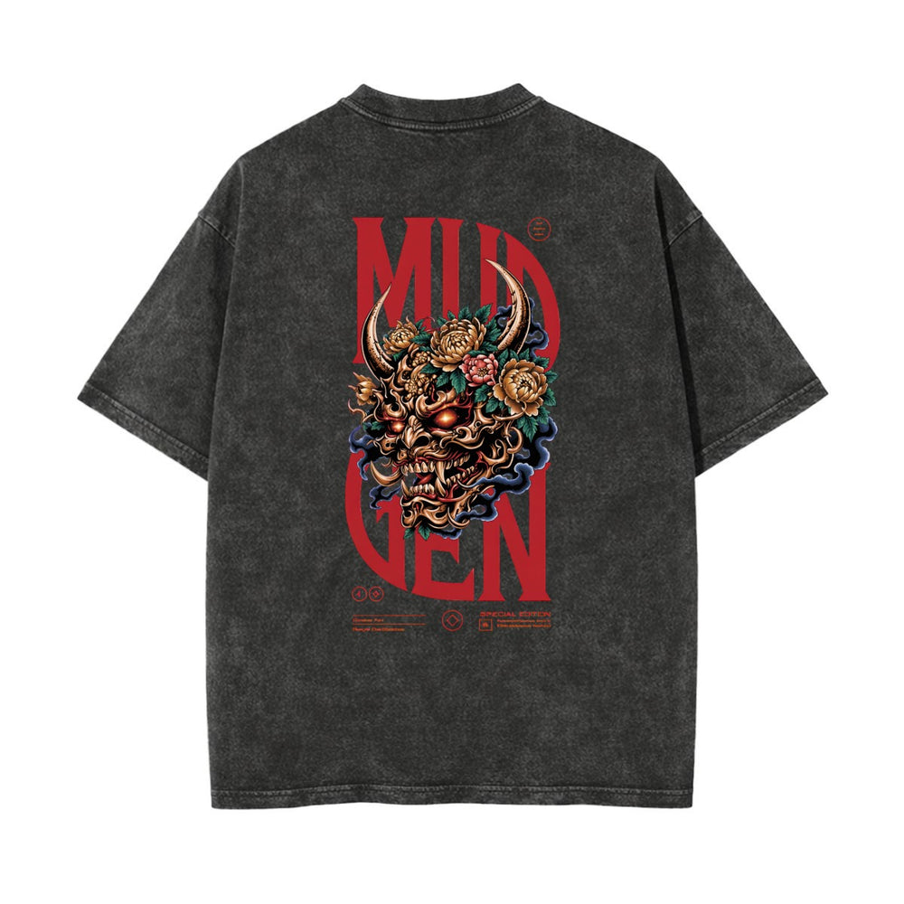 Skull with Oni Horns Washed T-shirt - 100% Cotton