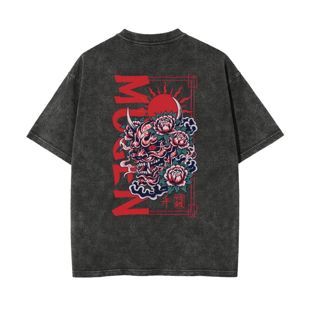Skull with Oni Horns Heavyweight Washed T-shirt - 100% Cotton