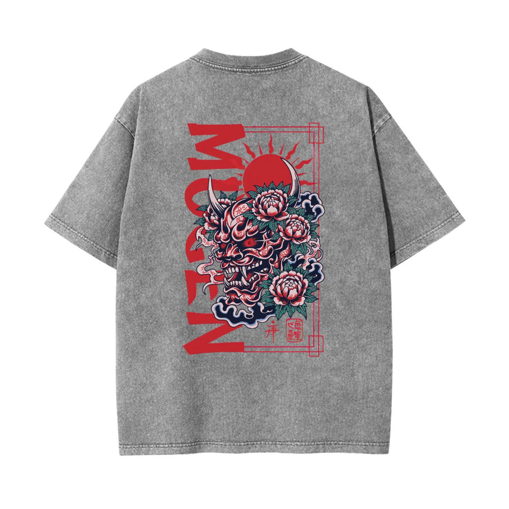 Skull with Oni Horns Heavyweight Washed T-shirt - 100% Cotton