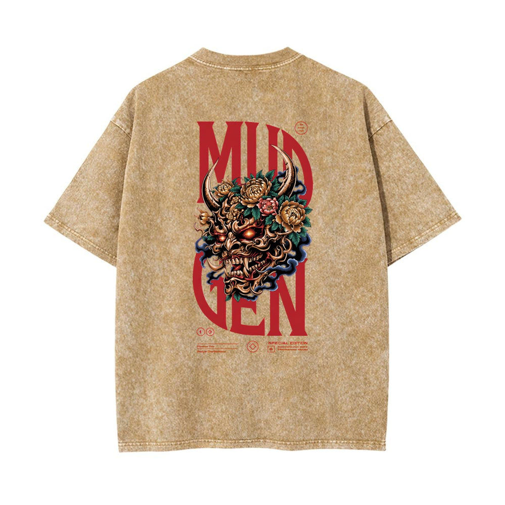 Skull with Oni Horns Washed T-shirt - 100% Cotton