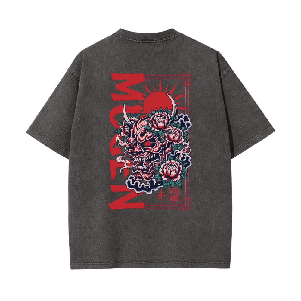 Skull with Oni Horns Heavyweight Washed T-shirt - 100% Cotton