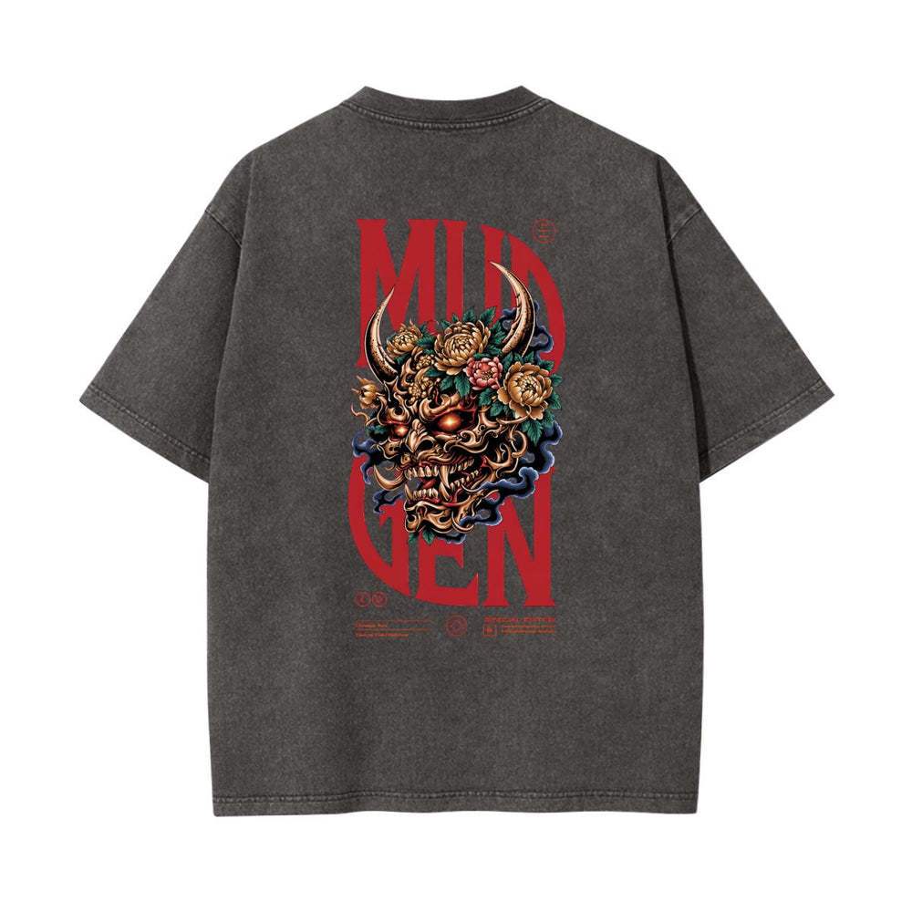 Skull with Oni Horns Washed T-shirt - 100% Cotton