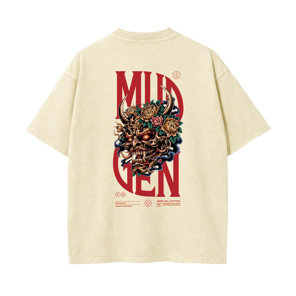 Skull with Oni Horns Washed T-shirt - 100% Cotton