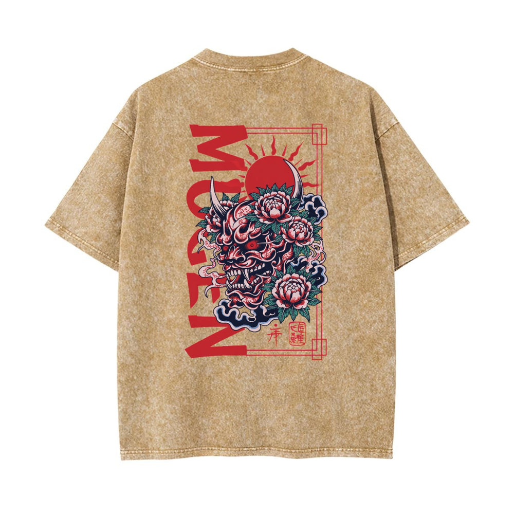 Skull with Oni Horns Heavyweight Washed T-shirt - 100% Cotton