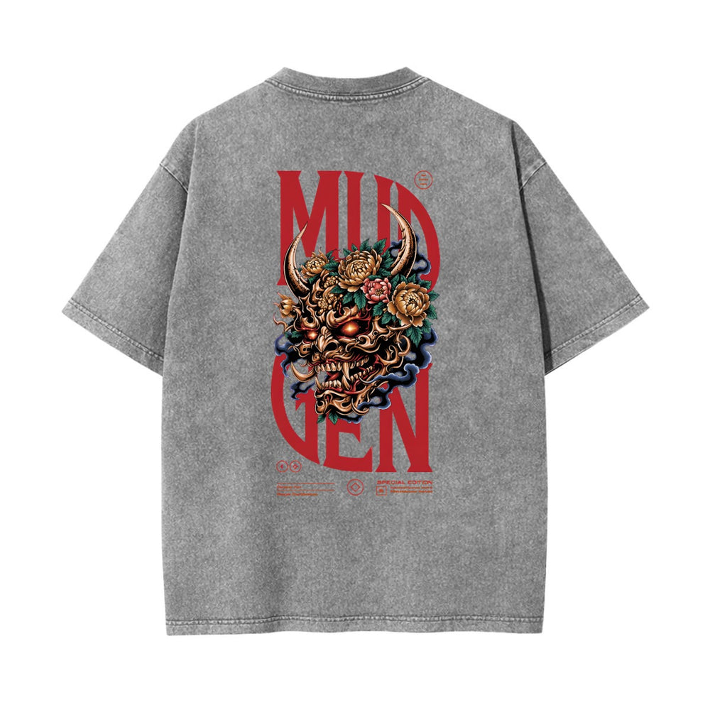 Skull with Oni Horns Washed T-shirt - 100% Cotton