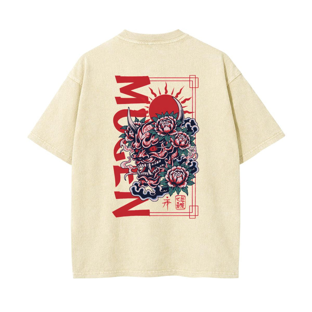 Skull with Oni Horns Heavyweight Washed T-shirt - 100% Cotton